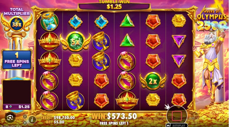 Gates of Olympus 2500 — Gameplay-Screenshot mit Zeus und 6×5-Gitter